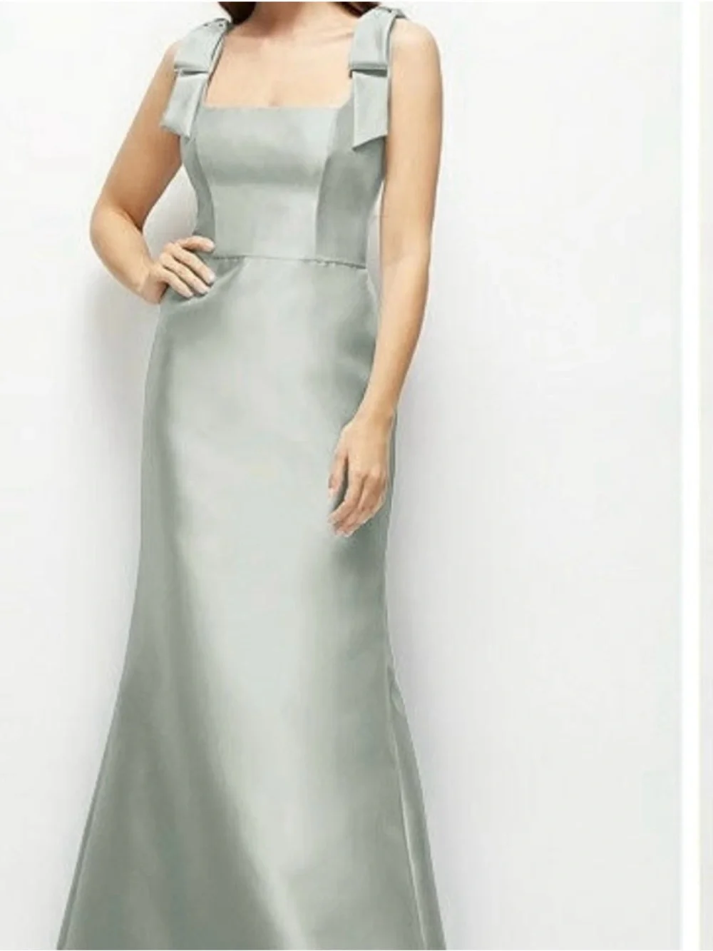 DESSY COLLECTION SATIN FIT & FLARE MAXI DRESS WITH SHOULDER BOWS IN WILLOW GREEN - Picture 2 of 4